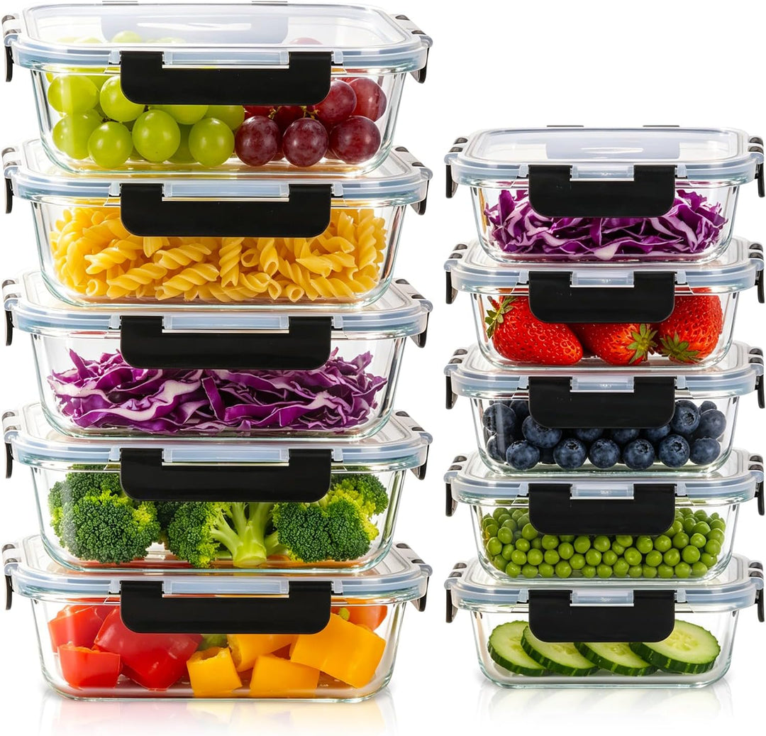 Hotec Glas-Frischhaltedosen Set, 20 Teile (10 Behälter, 10 Deckel), Auslaufsicher, BPA-frei, Mikrowe