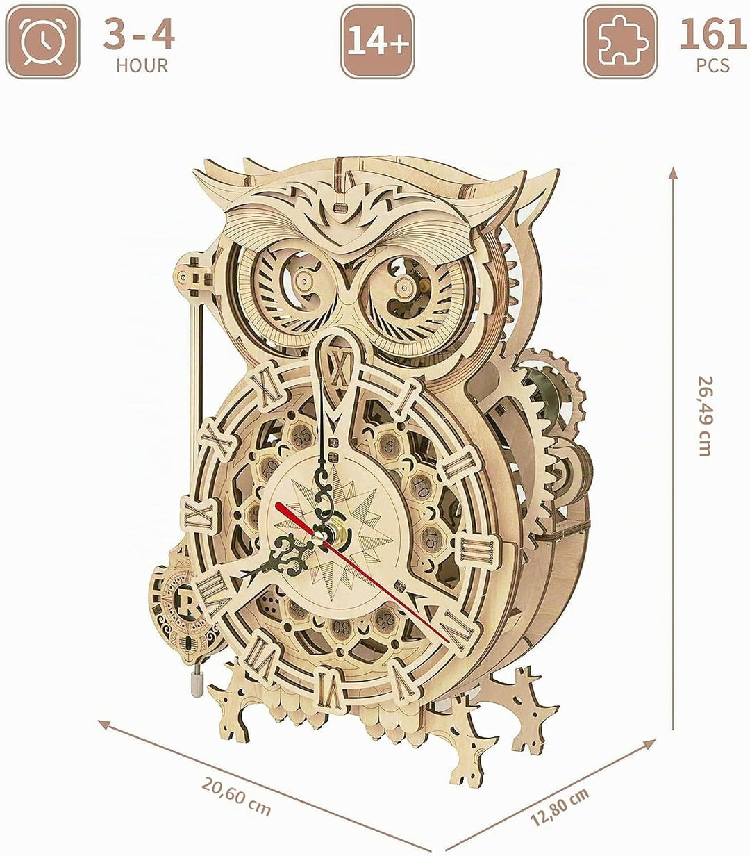 Robotime 3D Puzzle Holz Eule Uhr, Hölzerne Mechanische Modellbausatz für Erwachsene, Handwerk Holzba
