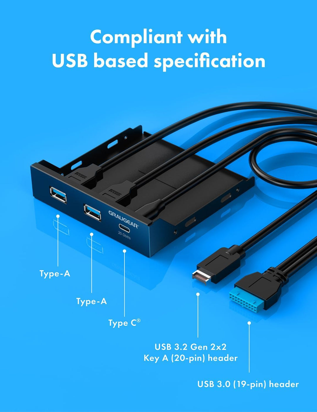 GRAUGEAR | USB3.2 Gen2 2x2 20Gbps USB-C Front-Panel in 3,5 Zoll | Type-C® bis zu 20 Gbit/s + 2X USB-