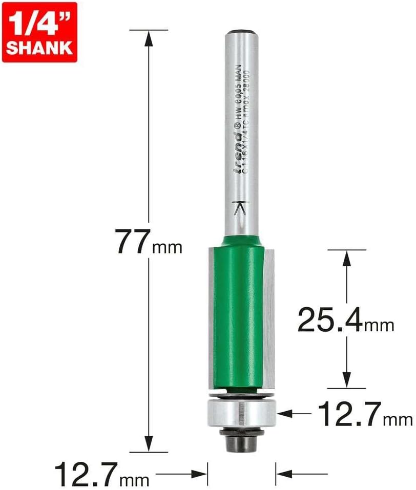 Trend CraftPro Selbstgeführter Fräser-Fräser-Bit, 1/4-Zoll-Schaft, 12,7 mm Schnittdurchmesser und 25