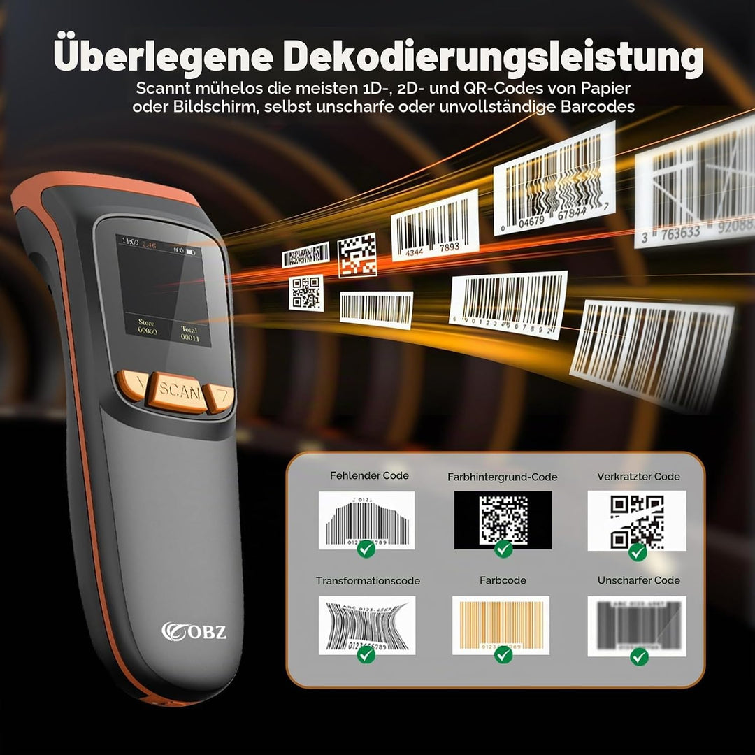 OBZ Barcode Scanner Kabellos mit Display, 1D 2D QR Code Scanner Bluetooth/USB/2.4G Wireless, Tragbar