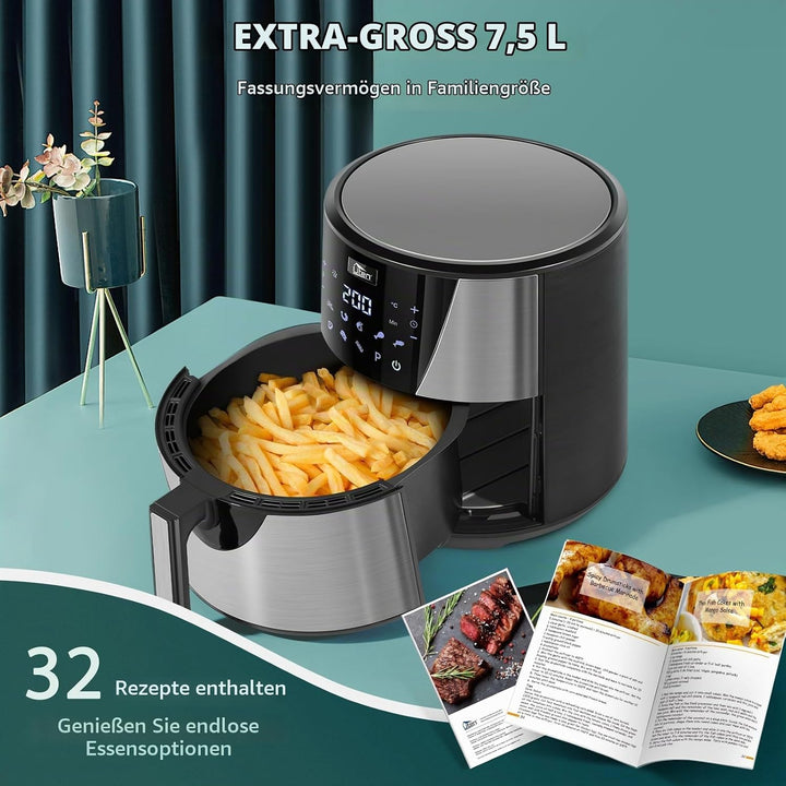 Heissluftfritteuse, Uten 7,5L Airfryer XXL Heissluftfriteuse mit Digitalem LED-Touchscreen, 9 Vorein