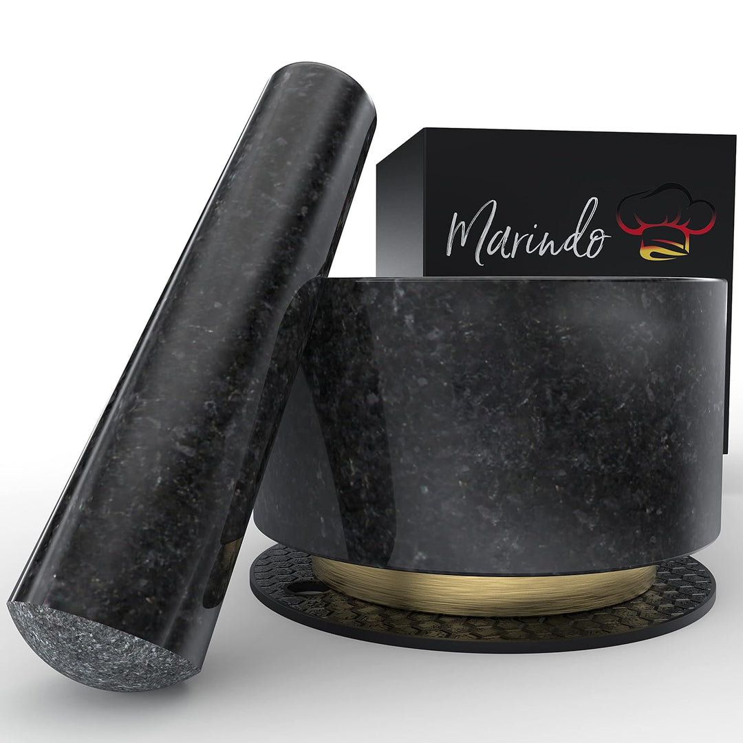 MARINDO Granit Mörser mit Stössel | Mörser mit extra langem Stössel & Gold ummantelter Kupferbasis |