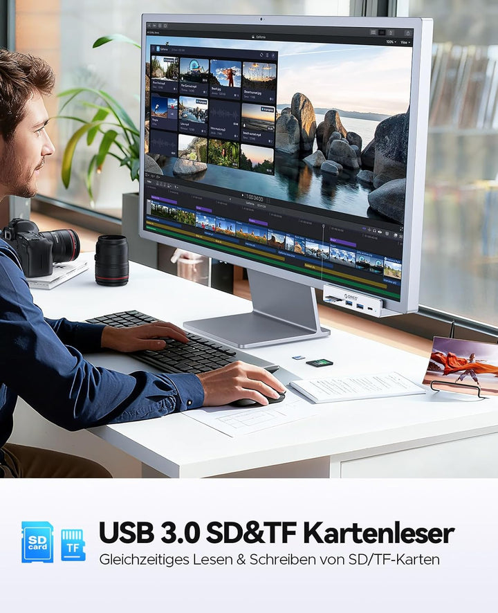 ORICO USB Hub 3.2 Schreibtisch, 10Gbit/s Aluminum USB-Hub Klemme und USB-C PD 60W, 6 Ports USB Verte