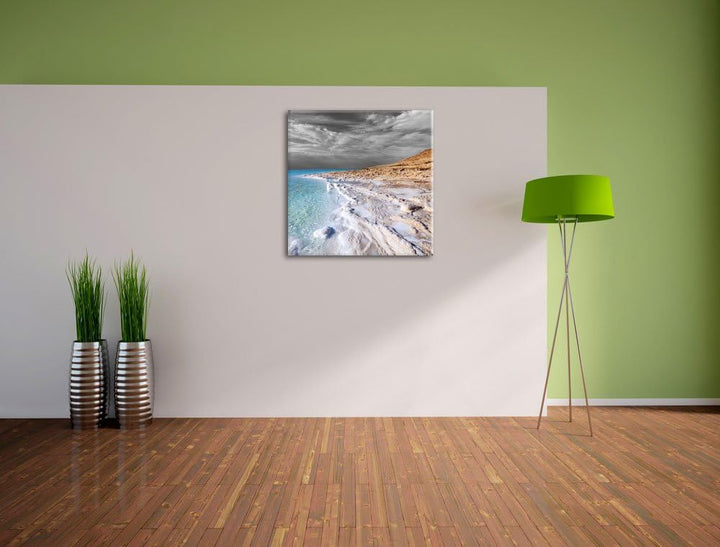 Pixxprint Das Tote Meer bei Tag Schwarz/Weiss, Format: 70x70 auf Leinwand, 70x70