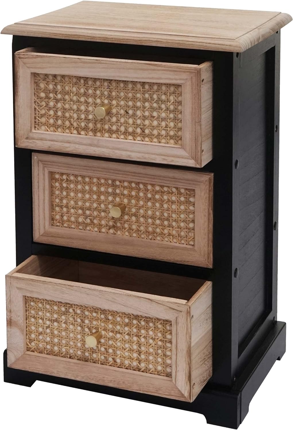 Mendler Kommode HWC-K87, Schubladenschrank Schrank, Holz Rattan 63x40x28cm - schwarz, naturfarben, S