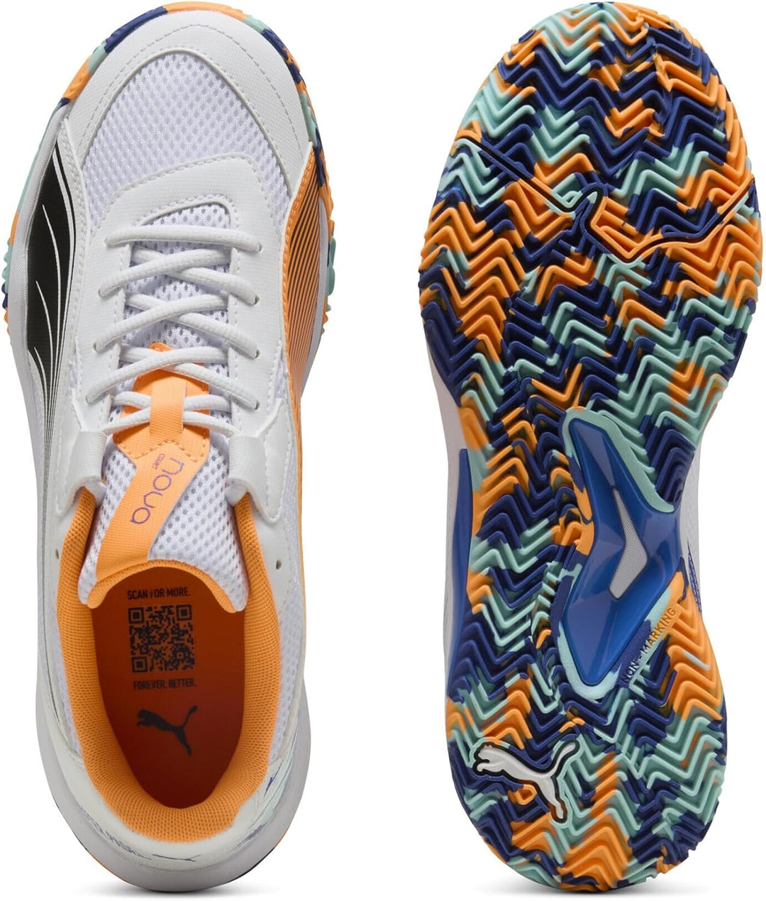 PUMA Unisex Nova Court Tennis Shoe, Puma White Puma Black Vivid Blue Heat Fire