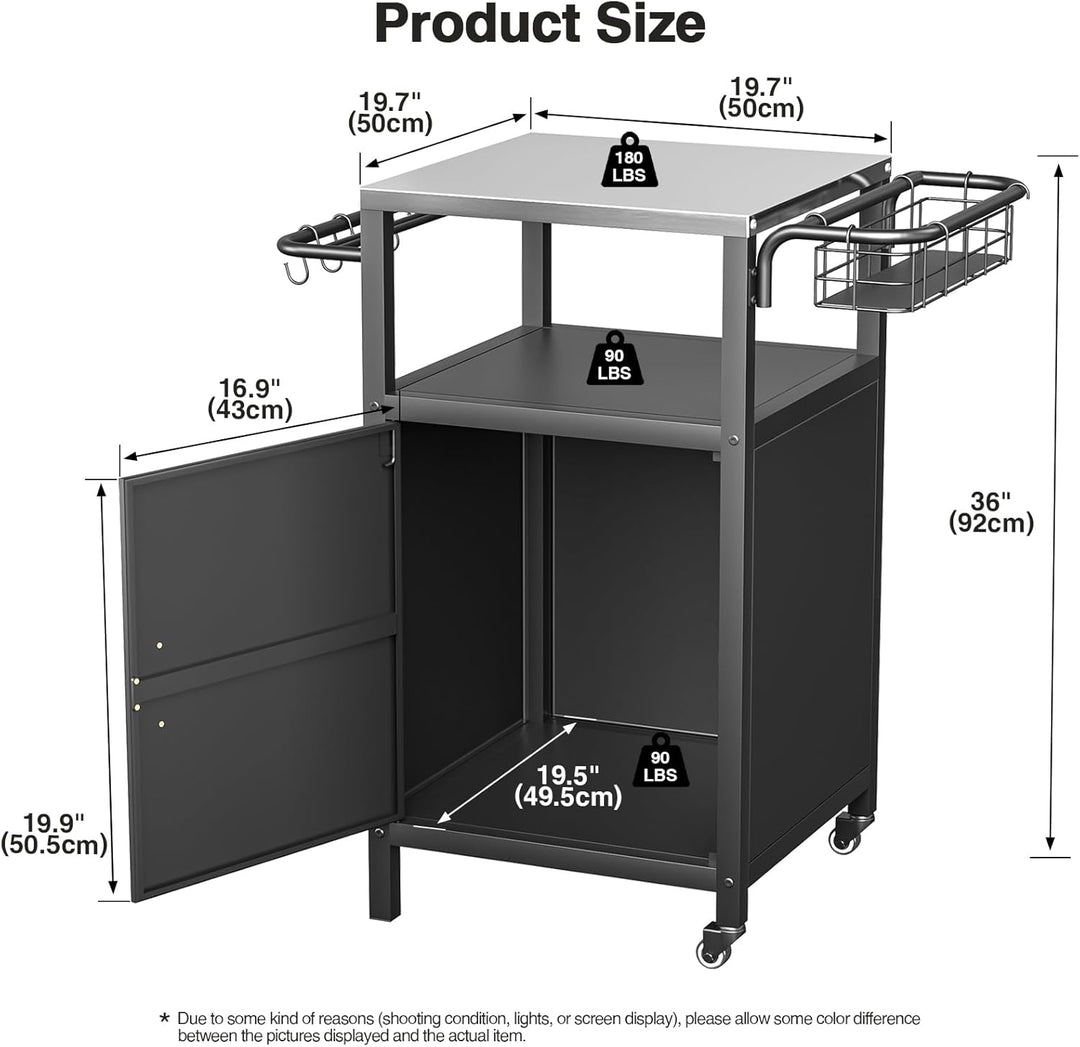Edelstahl Grillwagen 3-Etagen, Grilltisch Outdoor mit Schrank, Outdoorküche mit 2 Rollen, 4 Haken &