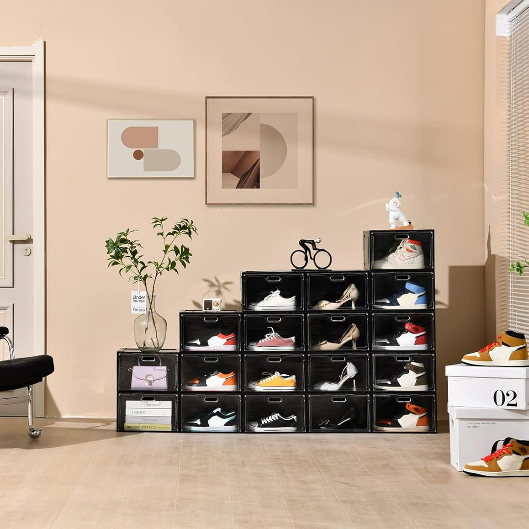 8 Stück Schuhboxen aus schwarzem Kunststoff, stapelbar, grosser Schuh-Organizer mit Deckel, Sneaker-