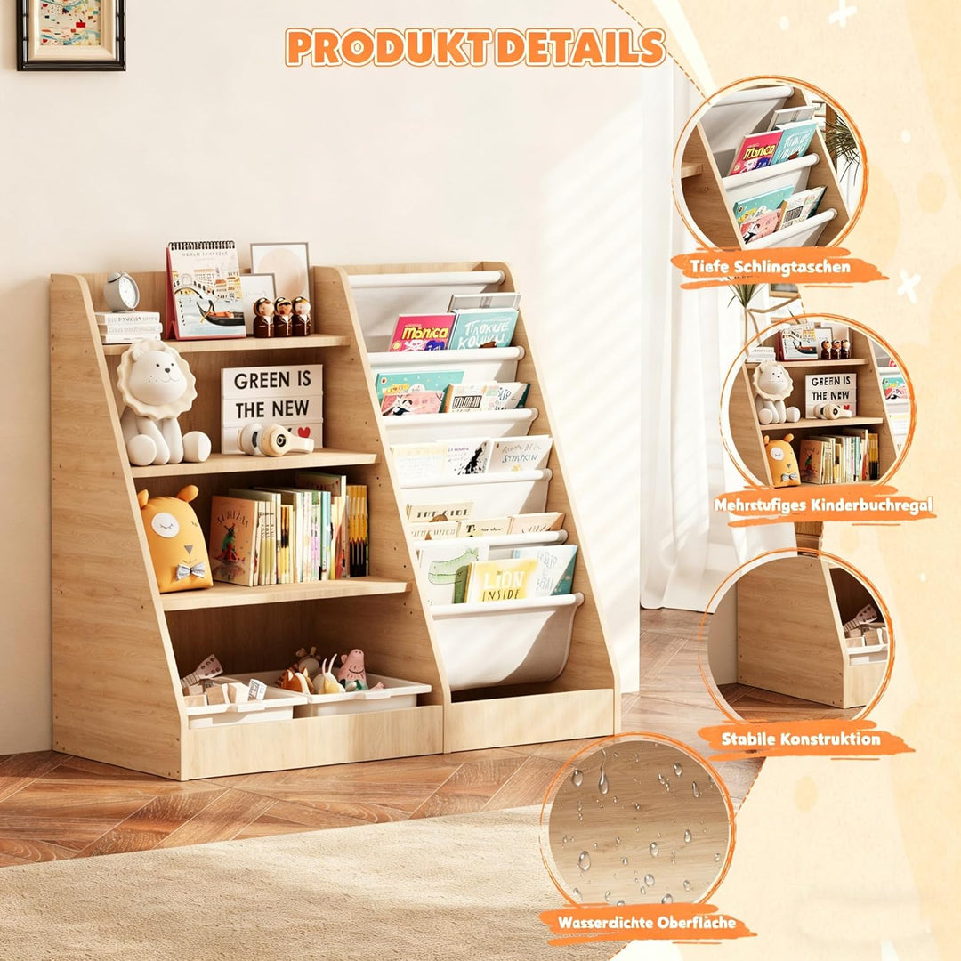 Kinderregal Bücherregal für Kinder 90x40x80cm, mit 5 Ablage und 4 offenen Fächern, Holz, Spielzeugre