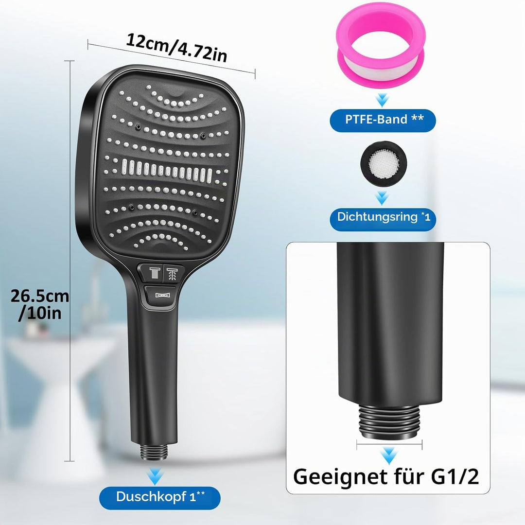 Duschkopf Gross Hochdruck – XXL Regenduschkopf mit 8 Strahlarten, Wassersparende Handbrause für Luxu