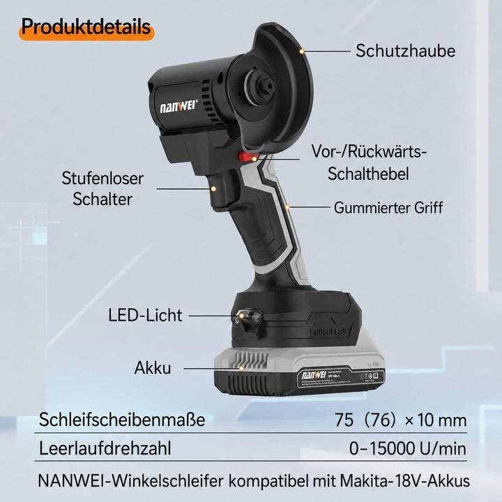 NANWEI 3-Zoll-Akku-Winkelschleifer für Makita 18-V-Akku, 76 mm kompakter und leichter Schleifer, 0–1