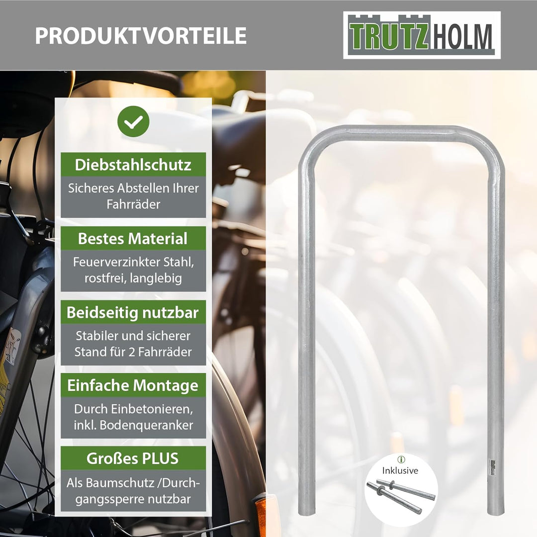TRUTZHOLM Fahrradanlehnbügel 115x58 cm Stahl feuerverzinkt und rostfrei Ø 48 mm zum Einbetonieren Fa