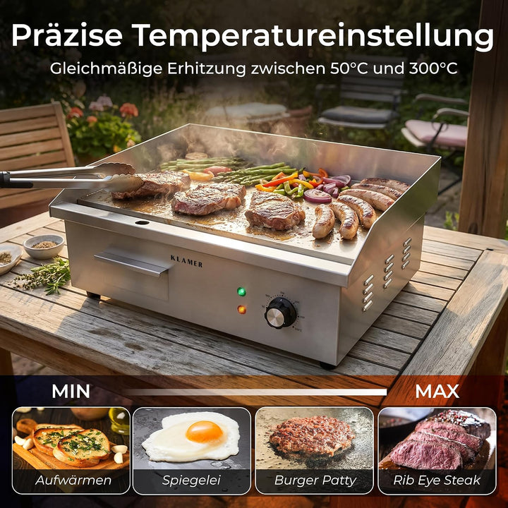 KLAMER Elektrogrill Edelstahl 3000W, XL Grillplatte 54,5x38,5 cm Tischgrill Maxi-Grill Glatt, Maxi-G