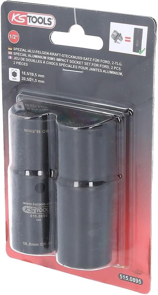 KS Tools 515.0895 1/2" Spezial-Alu-Felgen-Kraft-Stecknuss-Satz für Ford, 18,5 / 19,5 / 20,5 / 21,5 m