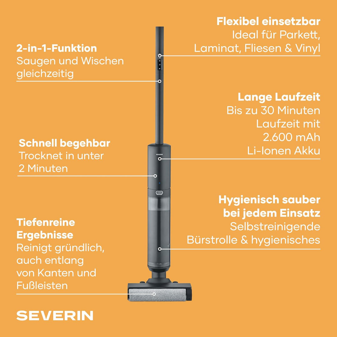 Severin Elektrischer Bodenwischer kabellos, mit LED-Anzeige, Zwei-Tank-System, mit Ladestation, Adap