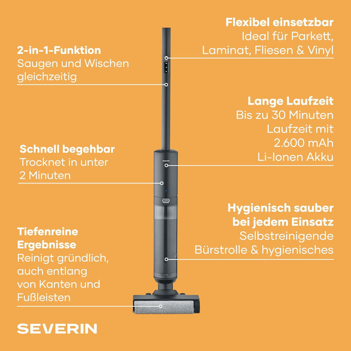 Severin Elektrischer Bodenwischer kabellos, mit LED-Anzeige, Zwei-Tank-System, mit Ladestation, Adap