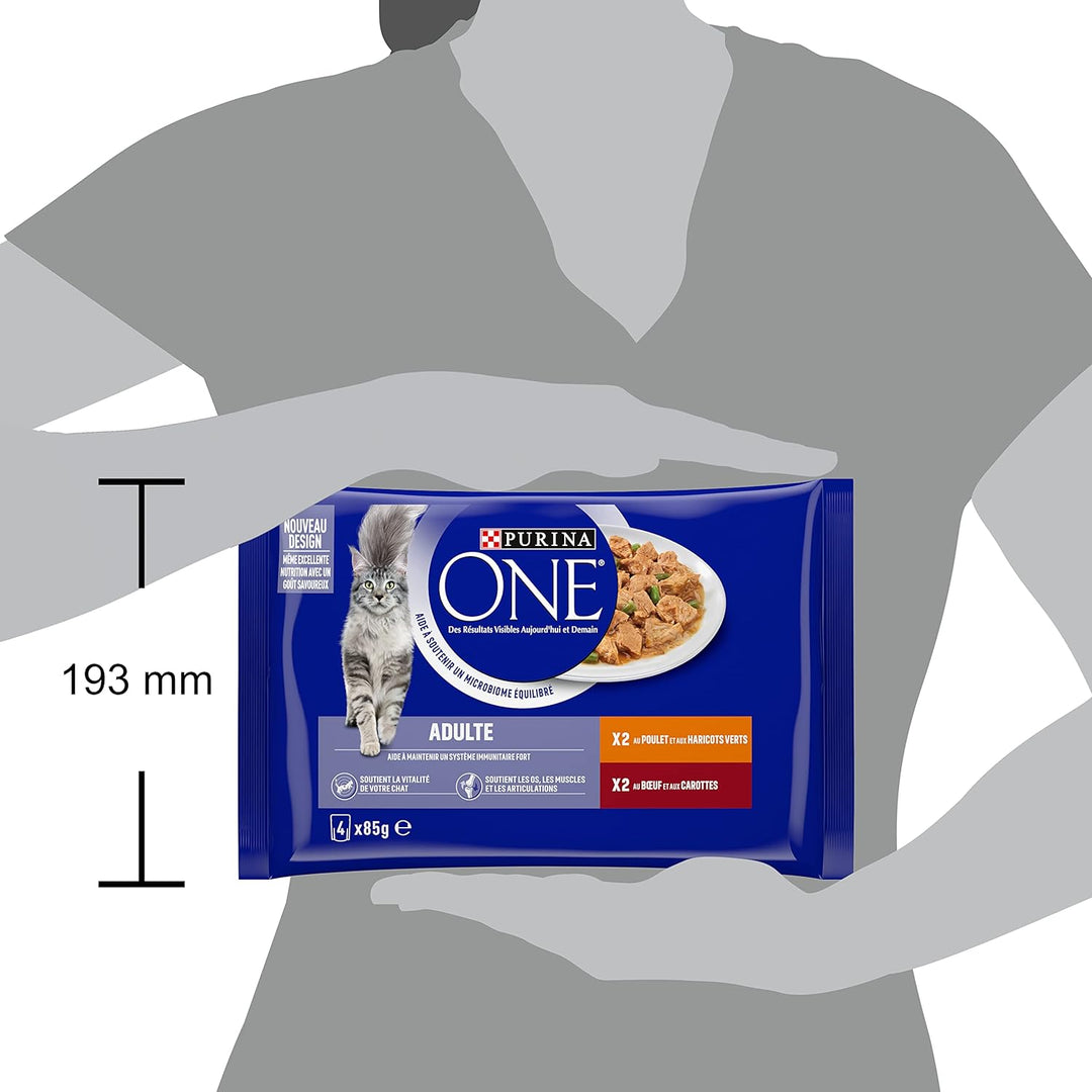 Purina One Schliff in Sauce, Mahlzeit für ausgewachsene Katzen, Hähnchen & Rind, 12 (4 x 85 g), Hähn