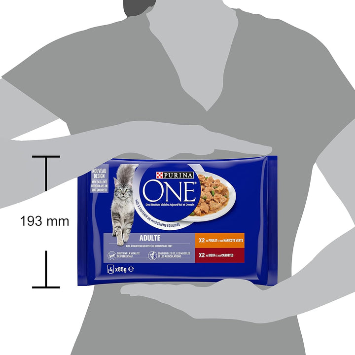 Purina One Schliff in Sauce, Mahlzeit für ausgewachsene Katzen, Hähnchen & Rind, 12 (4 x 85 g), Hähn