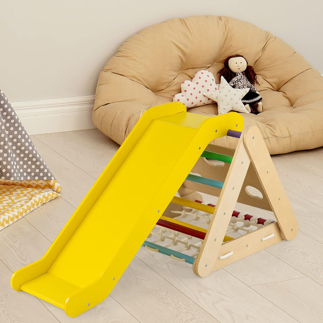 GOPLUS 3 in 1 Kletterdreieck mit Rutsche, Klettergerüst mit Leiter & Netz & Brett für Kinder, Indoor