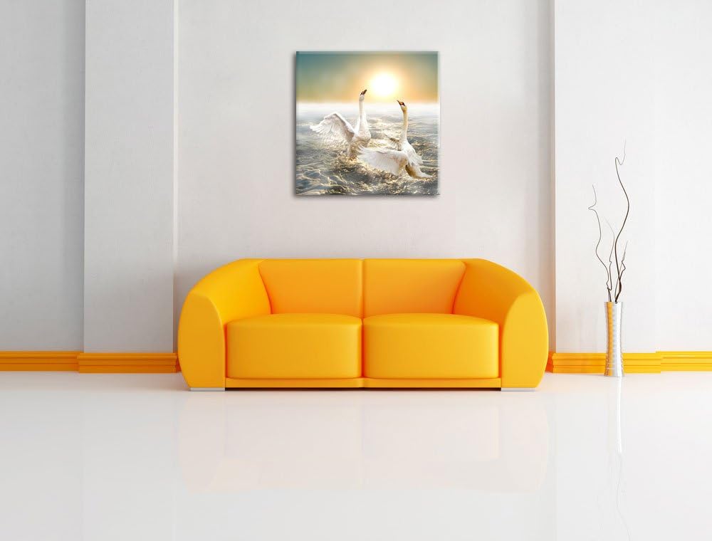 Pixxprint anmutige Schwäne Spritzen in den Wellen des Meeres, Format: 70x70 auf Leinwand, 70x70
