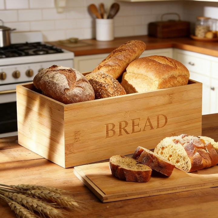 BAIFULAI Bambus Brotkasten: 33 x 19 x 13.5 cm Brotbox mit Leinenbeutel und mit Holzdeckel als Schnei
