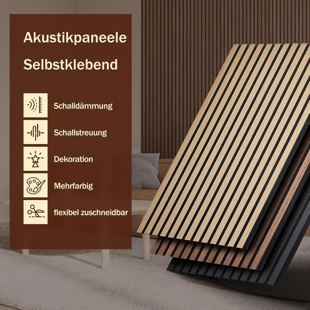 Akustikpaneele Selbstklebend 2er Set 100x52cm, Schalldämmung Echoreduzierung Wandpaneele aus Holzf