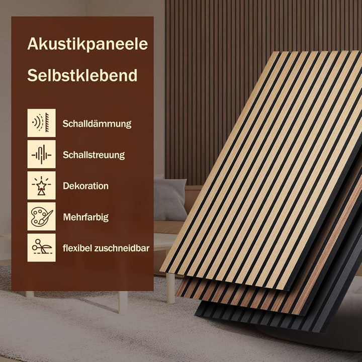 Akustikpaneele Selbstklebend 2er Set 100x52cm, Schalldämmung Echoreduzierung Wandpaneele aus Holzf