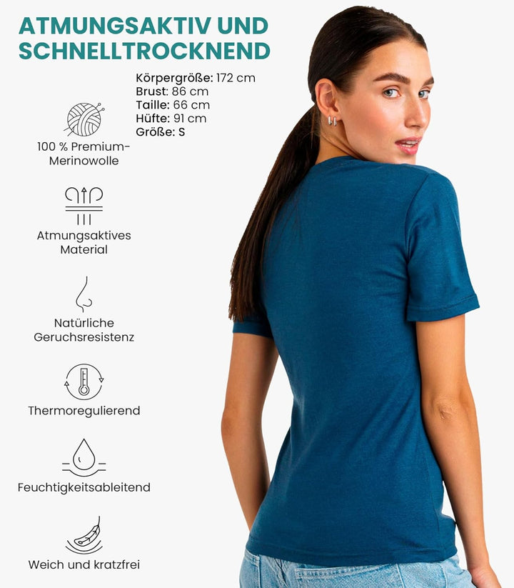 Merino.tech 100% Merino T Shirt Damen - Merinowolle Sport Wandern Thermoshirt Damen + Wandersocken D