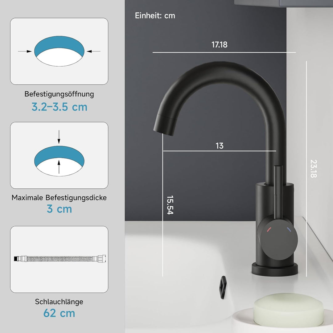 Wasserhahn Bad Schwarz, Wasserhahn Küche Edelstahl, 360° Drehbar Waschtischarmatur Hoch, Einhebelmis