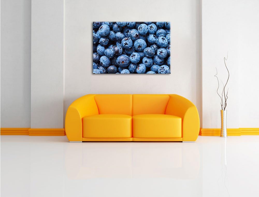 Pixxprint Blaubeeren mit Wassertropfen / 100x70cm Leinwandbild bespannt auf Holzrahmen/Wandbild Kuns