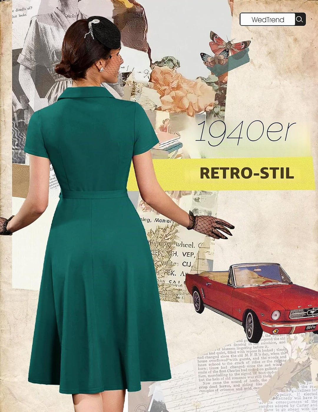 Wedtrend Vintage Cocktailkleid Damen A Linie Midilang V-Ausschnitt Abendkleid Elegant Freizeitkleide