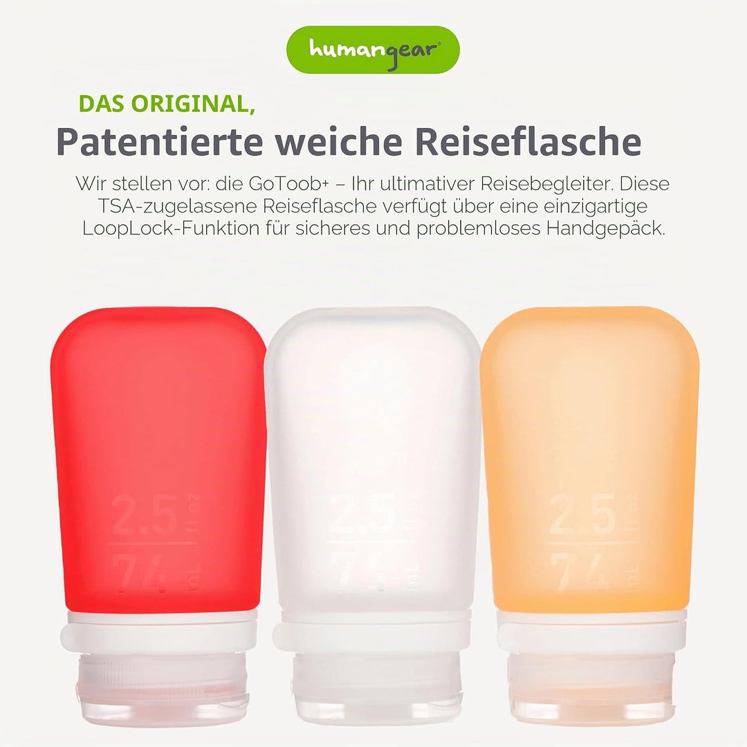 humangear 'GoToob' 3er Pack 74 ml transp./rot/orange, 071002, Einheitsgrösse, Transp./Rot/Orange