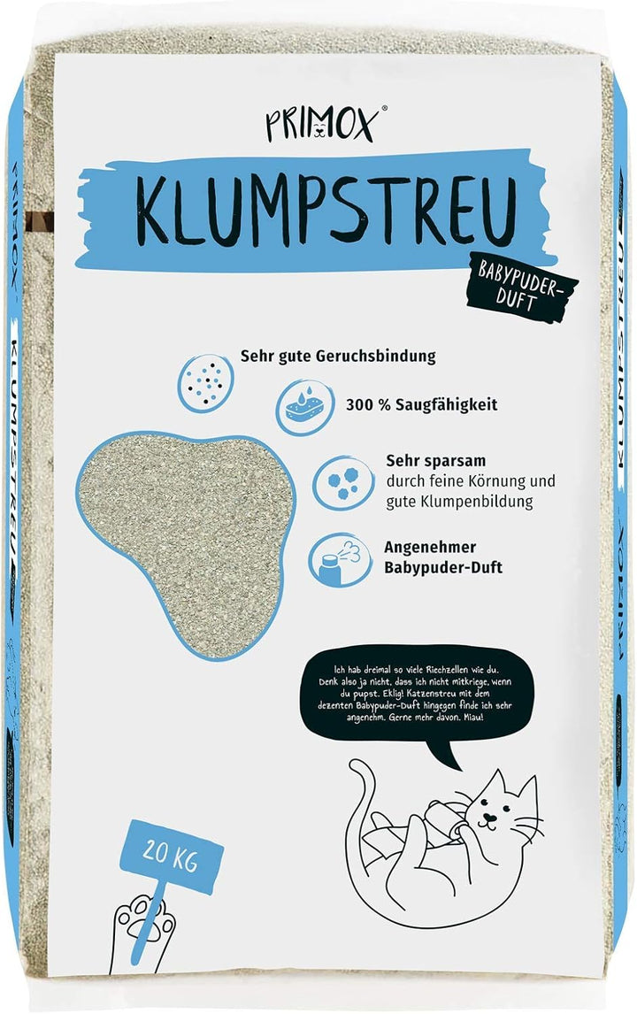PRIMOX Klumpendes Katzenstreu 20 kg | Frischer Babypuderduft | 300% Saugfähigkeit | Schonend & Siche