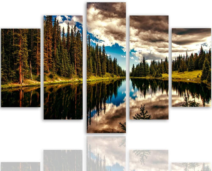Bilder Landschaft 250x120 cm - Leinwandbild 5 Teilig XXL Kunstdruck See Wald blau Leinwandbild XXL 2