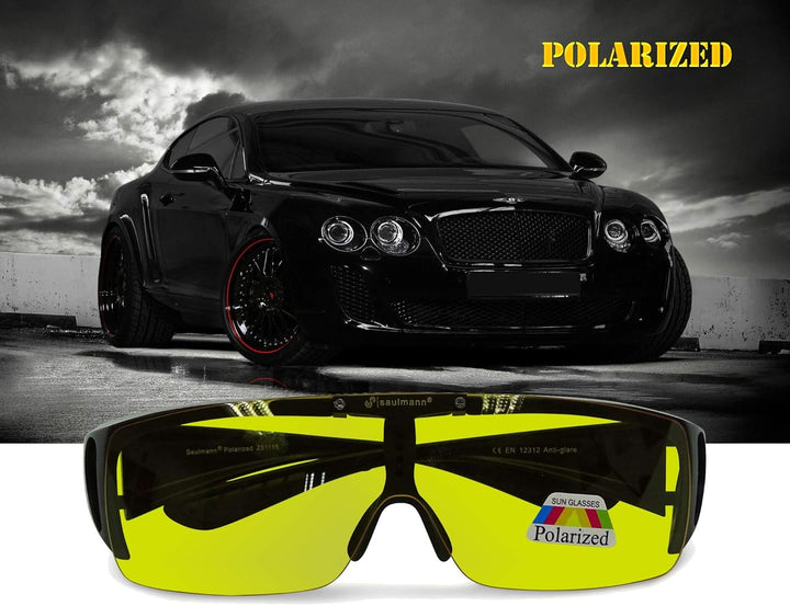Saulmann® Polarisierte Unisex Flip-UP Überzieh Blendschutzbrille - Kontrast Outdoor- & Nacht Fahrbri