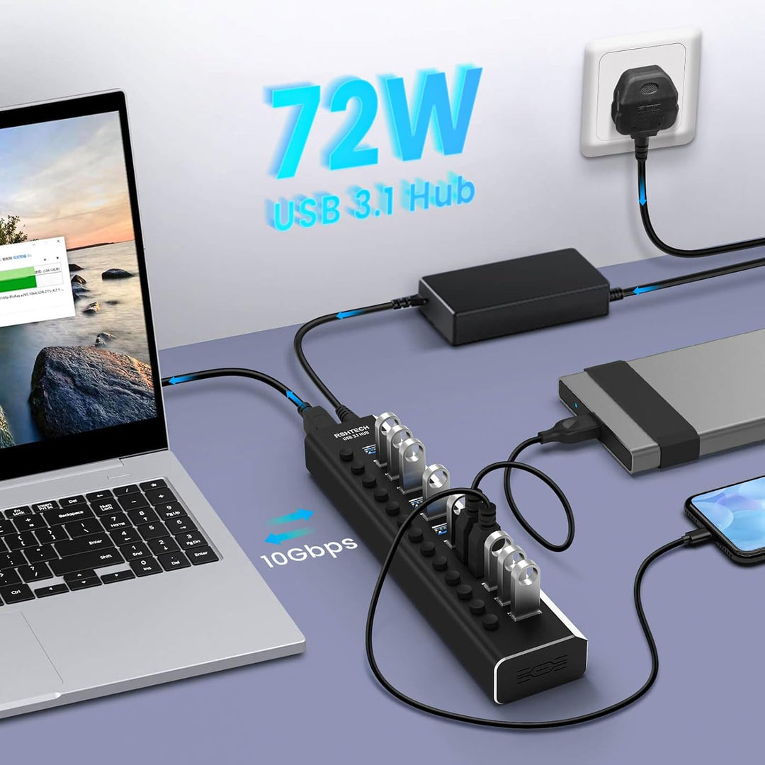 RSHTECH USB Hub 3.2 Aktiv mit Netzteil (72W 12V/6A), 2-in-1 Datenkabel (Typ-C&Typ A) und 13*10Gbps U