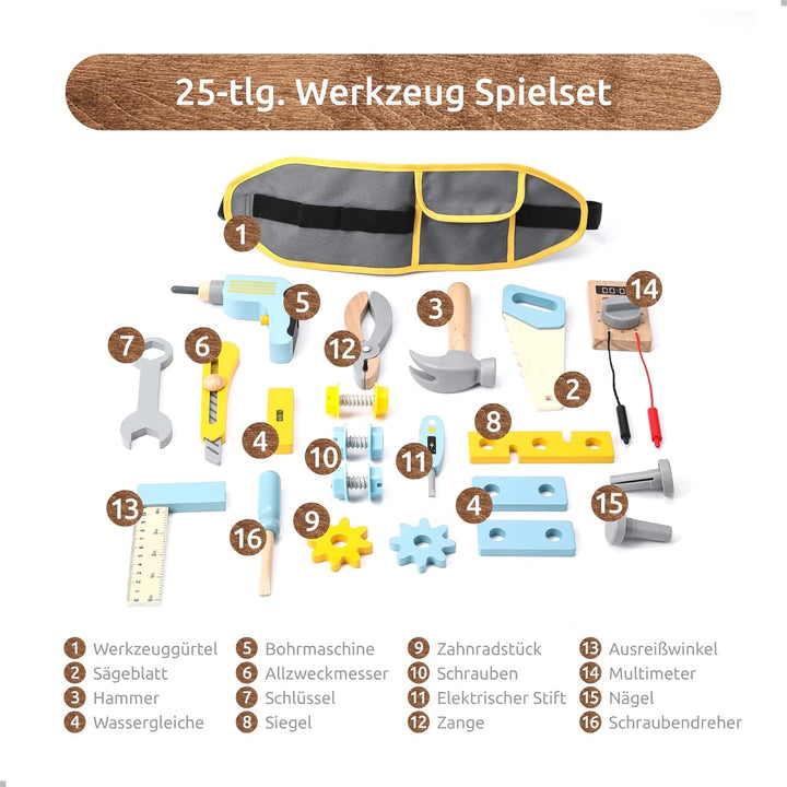 UMU® Kinder Holz Werkzeug Spielset mit Bohrmaschine, Säge, Schrauben, Hammer u. v. m., Spielzeug Wer