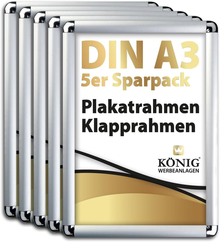 5 Plakatrahmen DIN A3 | abgerundete Ecken | 25mm Alu Profil, Silber | inkl. entspiegelter Schutzsche
