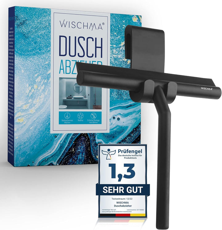 WISCHMA [Das Original] Duschabzieher schwarz Silikon − Abzieher Dusche mit Halterung ohne Bohren − G