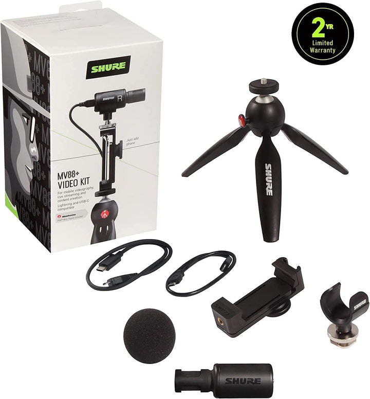 Shure MV88+ Video Kit mit digitalem Stereo-Kondensatormikrofon für Apple und Android, Schwarz & AMV8