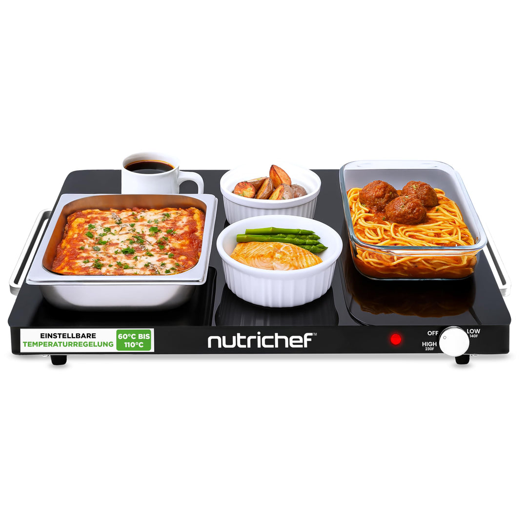 NutriChef Kochplatte elektrisch – Warmhalteplatte 54×42cm mit Temperaturregelung 60–110°C, 180W Warm