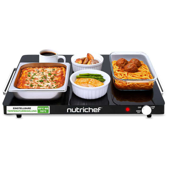 NutriChef Kochplatte elektrisch – Warmhalteplatte 54×42cm mit Temperaturregelung 60–110°C, 180W Warm