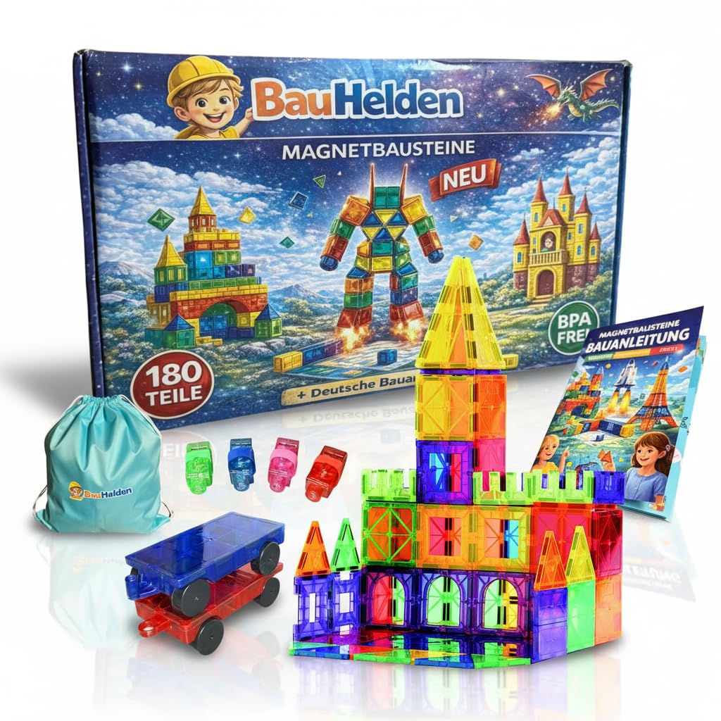 BauHelden Magnetbausteine Set, 180 Teile, Magnetische Bausteine, BPA Frei, Deutsche Bauanleitung, Kr