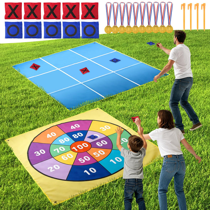 2-in-1 Riesen Tic Tac Toe & Beanbag-Wurfspiel für Kinder und Erwachsene – 1,47 m mit 10 Sandsäcken,