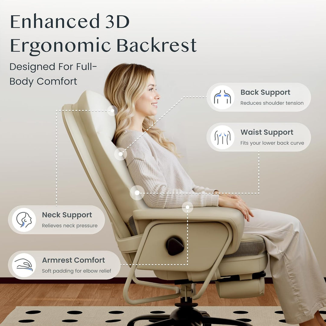 FLEXISPOT Ergonomischer Bürostuhl mit Fussstütze Chefsessel mit 160° Liegefunktion, Dickem PU-Komfor