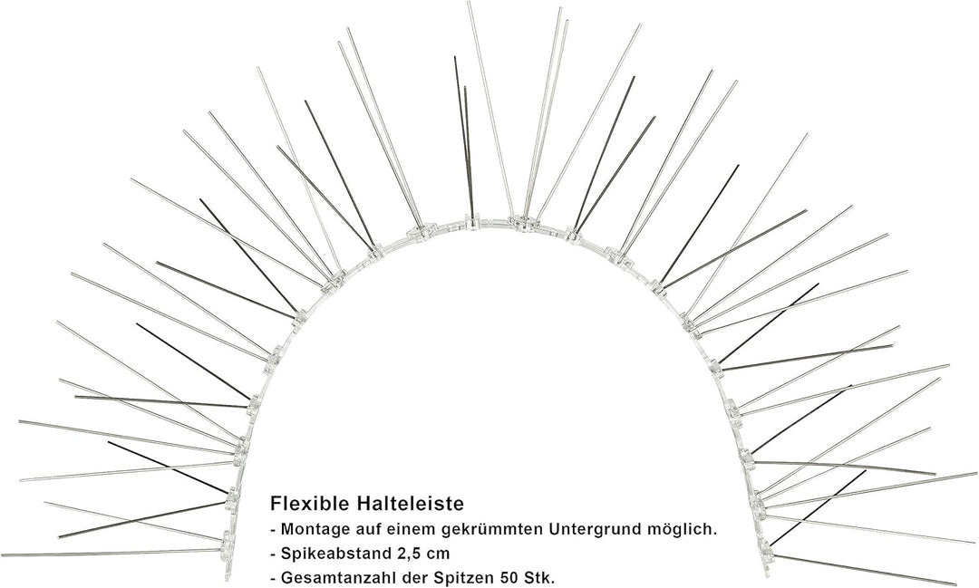Profi Edelstahl Taubenspikes 5 Reihig - Effektive Taubenabwehr- Vogelabwehr Kunststoffleiste Spikes