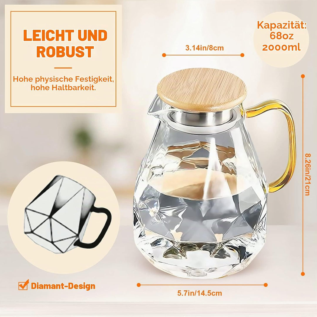 DUJUST Glaskaraffe mit Bambus Deckel 2 Liter, Wasserkaraffe im Modernen Diamant Design, Glaskrug mit
