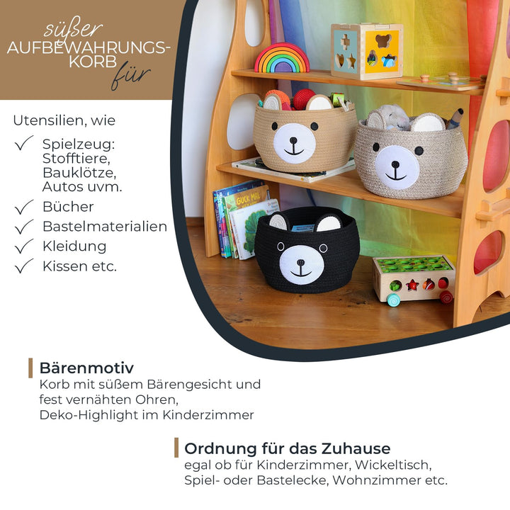 HMF Aufbewahrungskorb mit versteckten Griffen, Korb für Kinderzimmer aus Baumwolle | Bär | 30 x 24 c