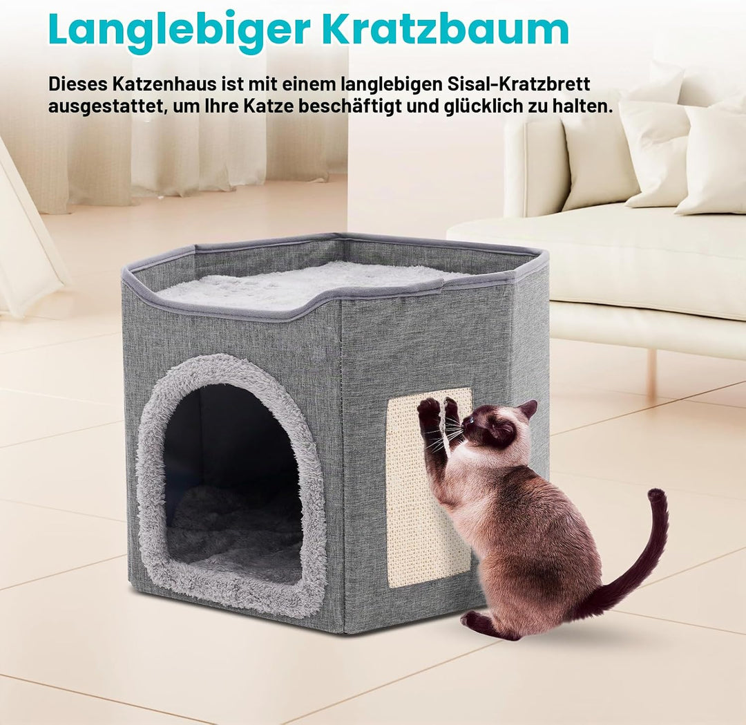 Faltbares Katzenhaus Indoor grosse Katzen mit 2 abnehmbaren Kissen und Kratzbrett Katzenhaus Höhle f
